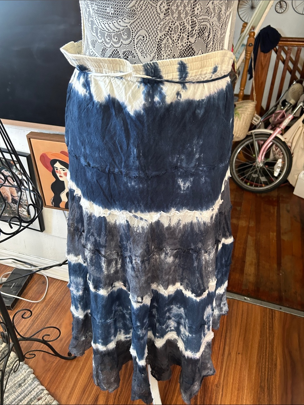 Tie-Dye Navy and White Tiered Maxi Skirt. For small size is one big